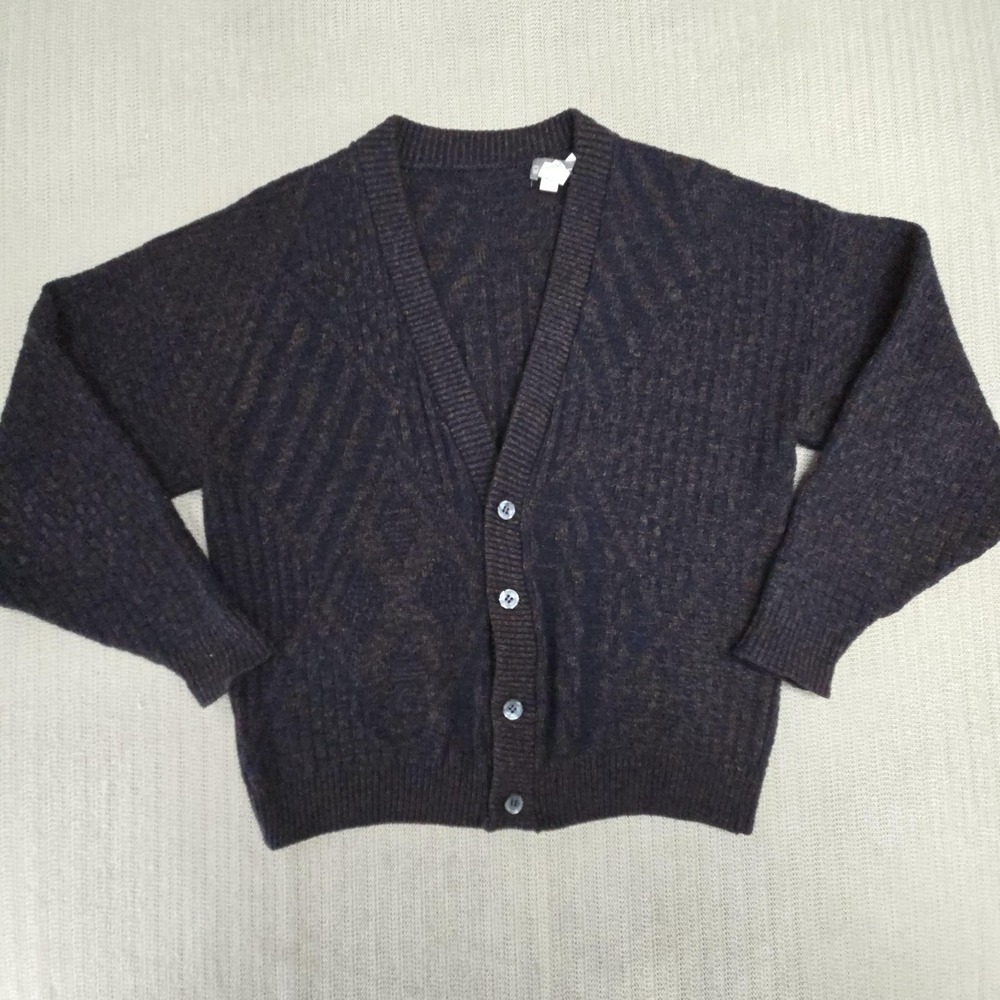 Royal Knight Sweater Mens Large Blue Geometric Cardigan V Neck Knit Made In USA